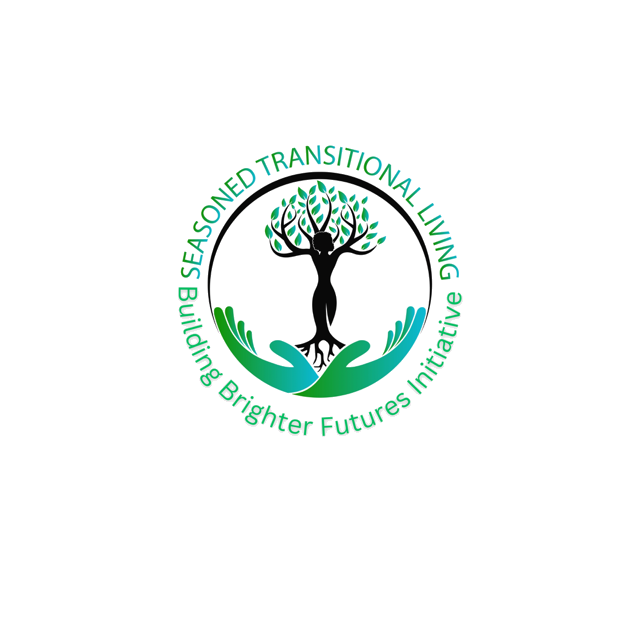 Seasoned Transitional Living tree-of-life logo: a rising figure whose arms become a leafy canopy, cradled by open hands.